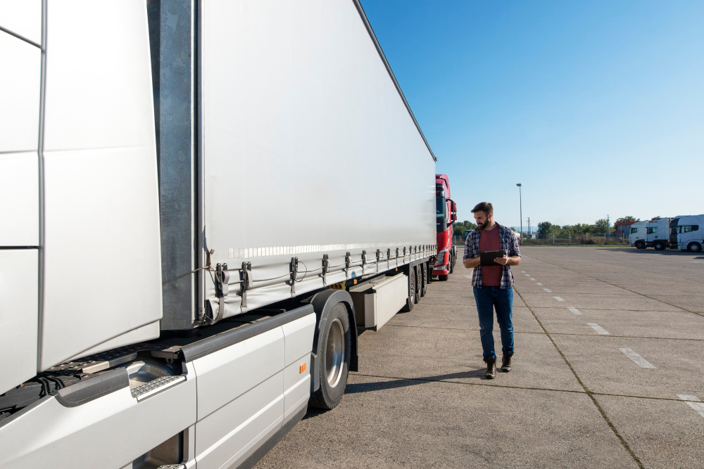 truck driver inspecting truck